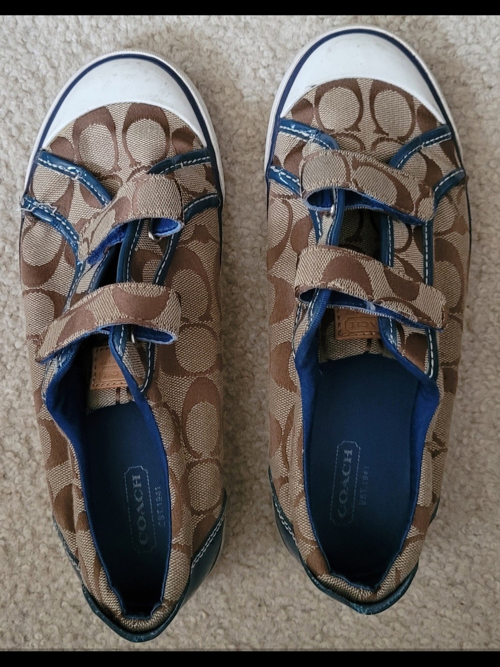 Coach Brown Signature Logo Velcro Sneakers with Blue Trim